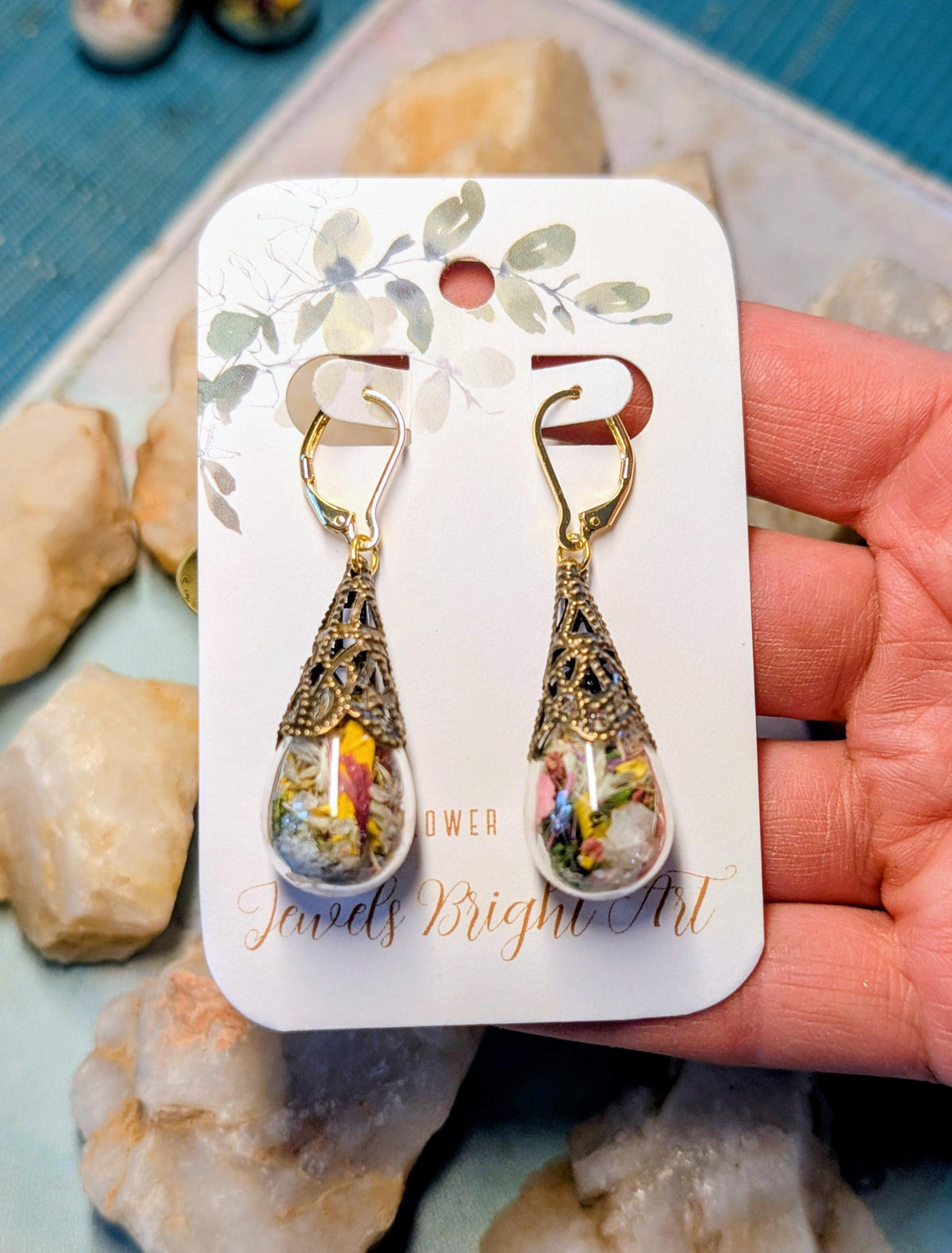 Antique Bronze Handcrafted Floral Earrings with Wildflowers and Quartz, Vintage Earrings, Gold Filled Jewelry