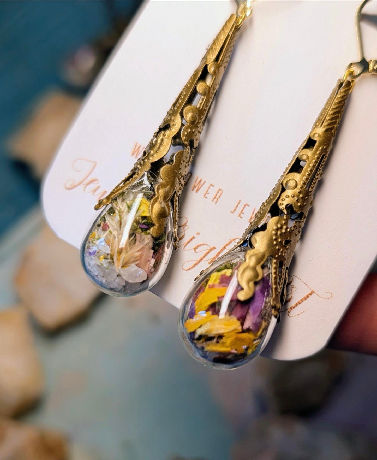 Mushroom Unique Handcrafted Floral Earrings with Wildflowers and Quartz