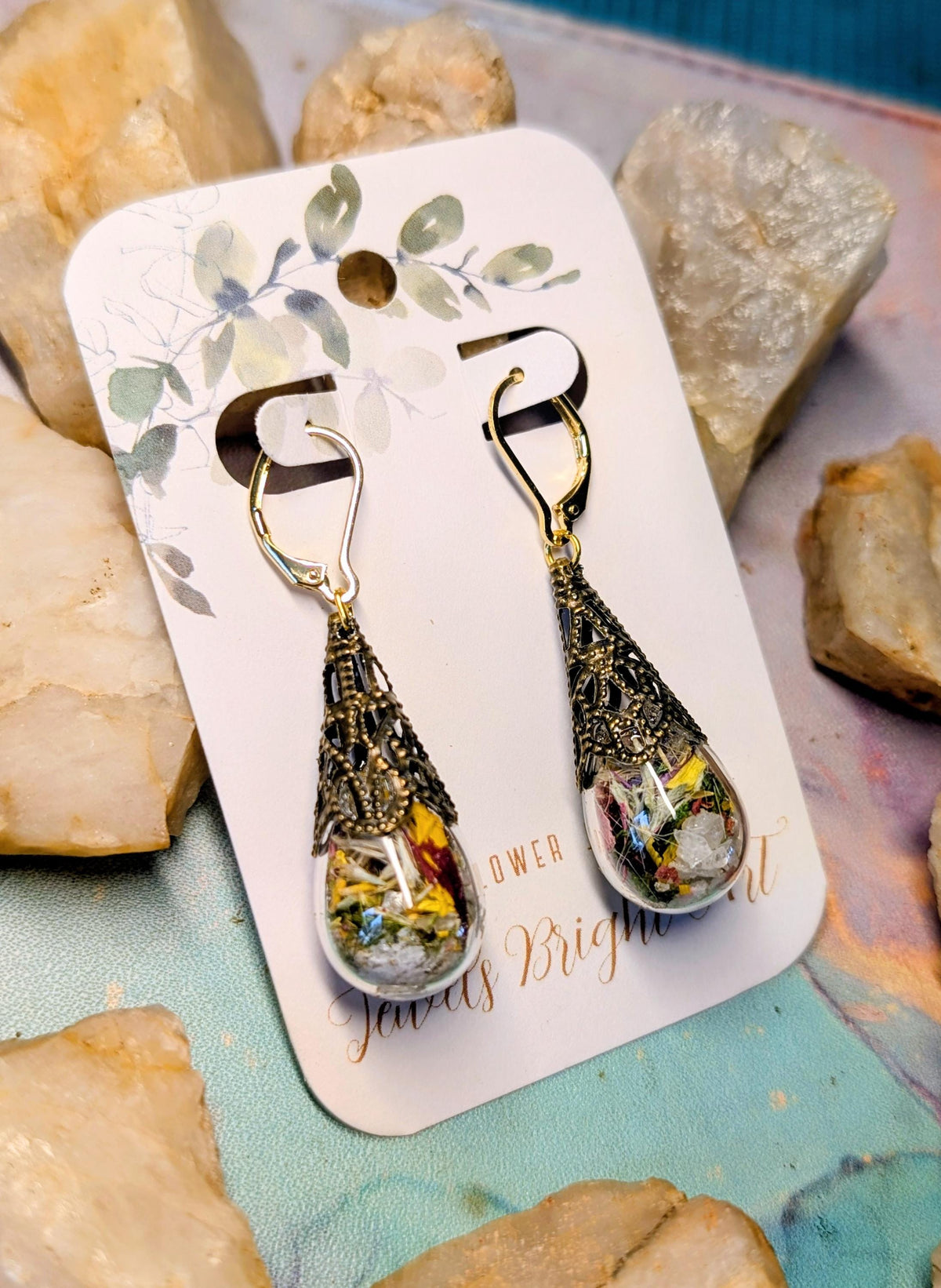 Antique Bronze Handcrafted Floral Earrings with Wildflowers and Quartz, Vintage Earrings, Gold Filled Jewelry