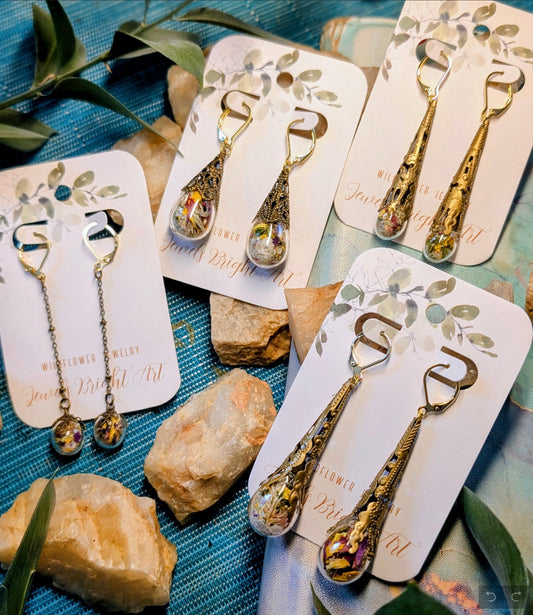 Mushroom Unique Handcrafted Floral Earrings with Wildflowers and Quartz