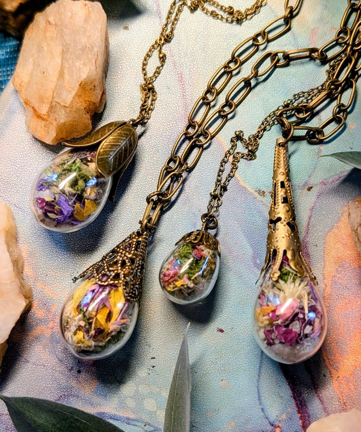Unique Handcrafted Large Medicine Woman Floral Necklace with Quartz and Colorado Wildflowers