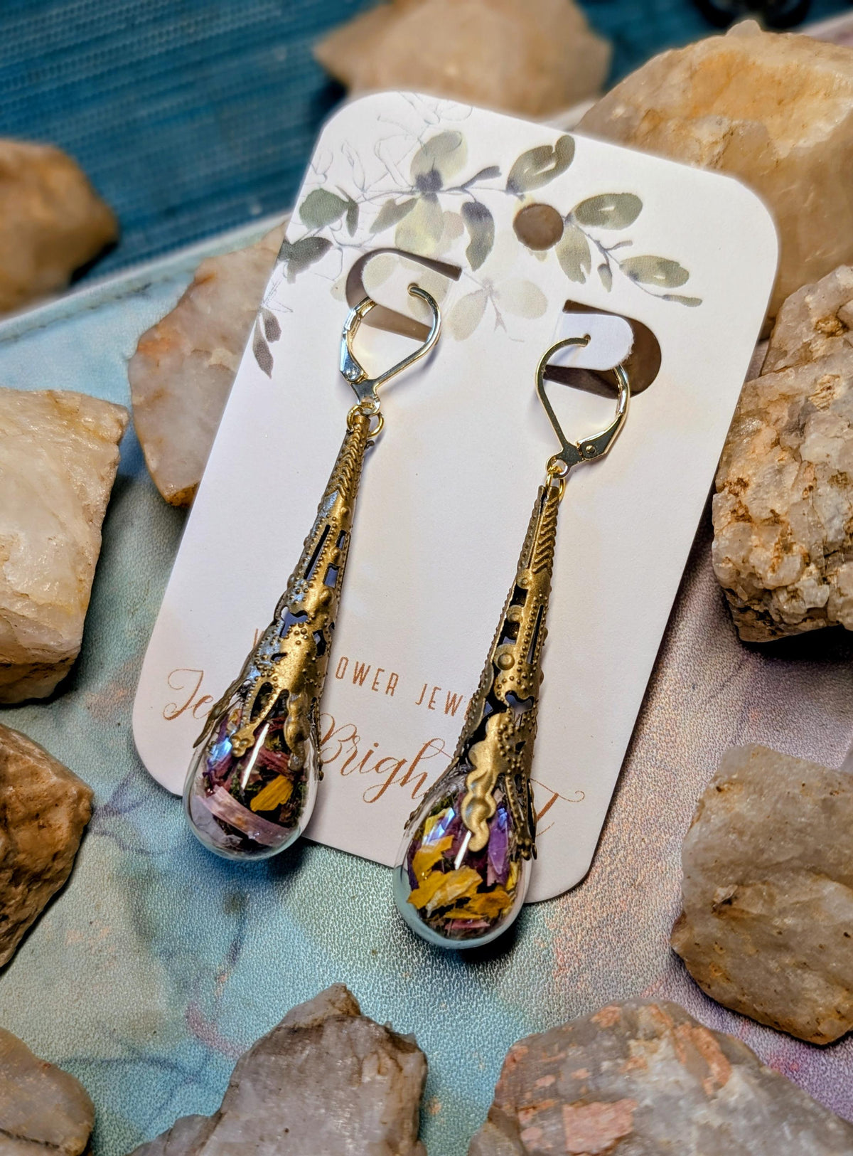 Antique Bronze Handcrafted Floral Earrings with Wildflowers and Quartz, Vintage Earrings, Gold Filled Jewelry