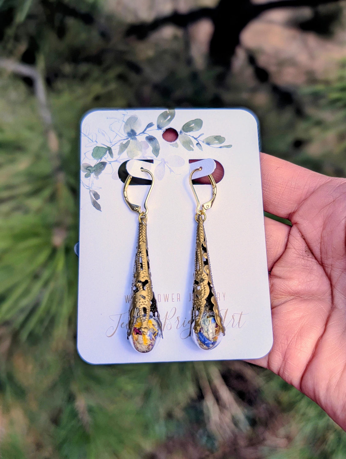 Antique Bronze Handcrafted Floral Earrings with Wildflowers and Quartz, Vintage Earrings, Gold Filled Jewelry
