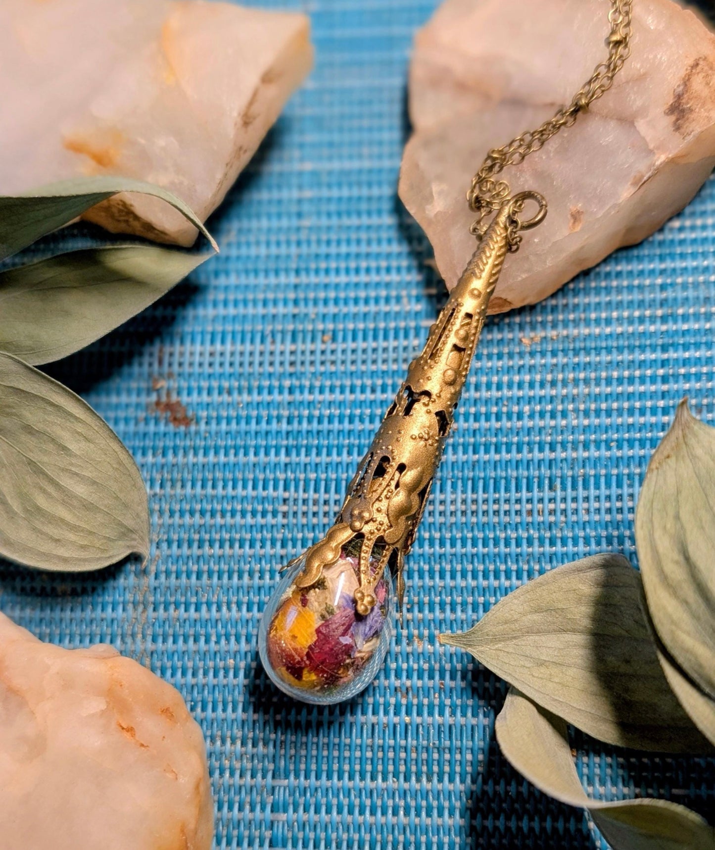 Unique Handcrafted Large Medicine Woman Floral Necklace with Quartz and Colorado Wildflowers