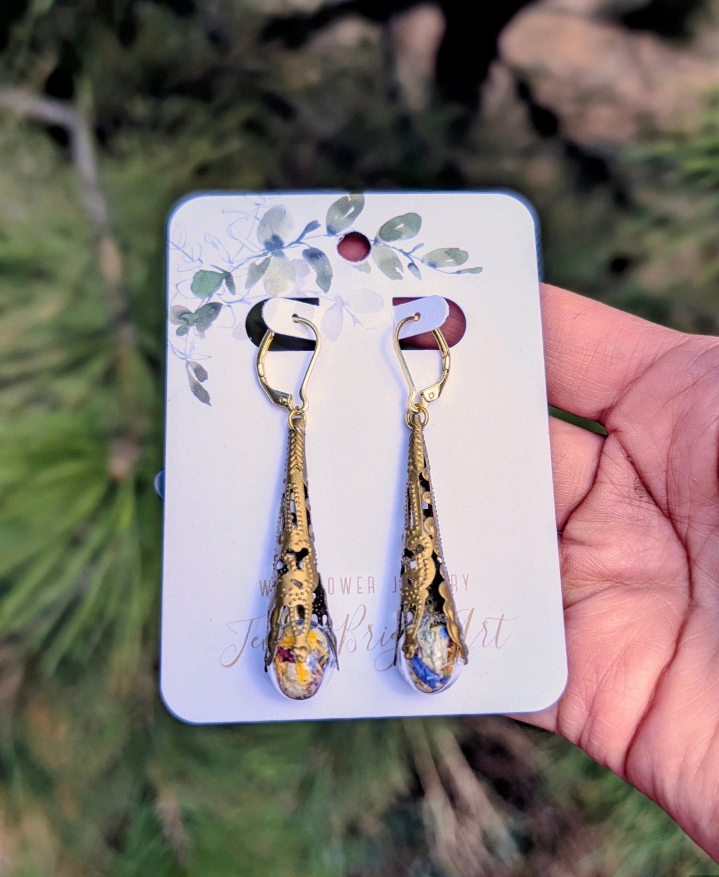 Mushroom Unique Handcrafted Floral Earrings with Wildflowers and Quartz