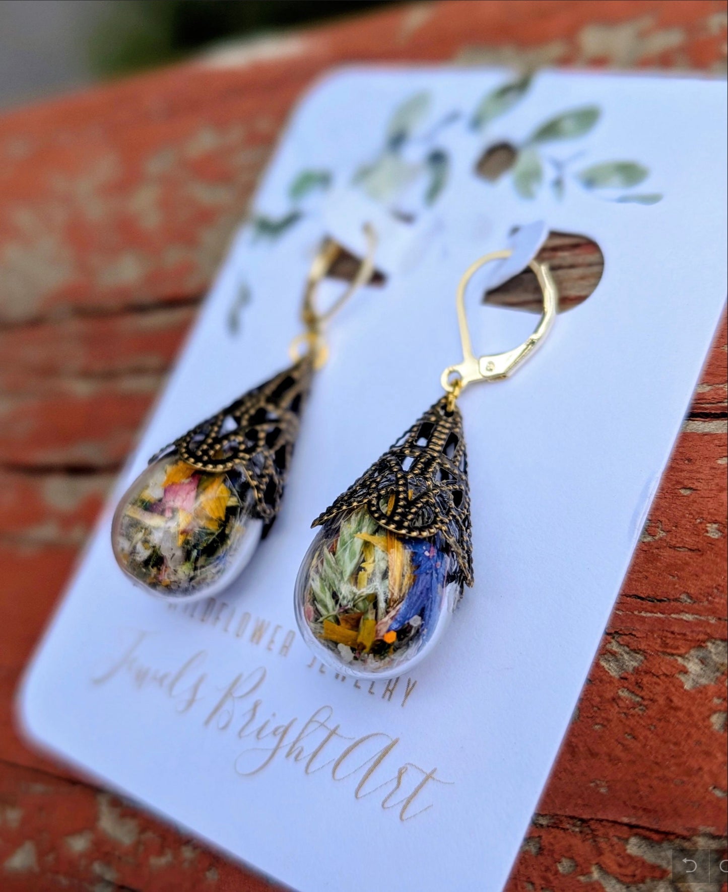 Mushroom Unique Handcrafted Floral Earrings with Wildflowers and Quartz