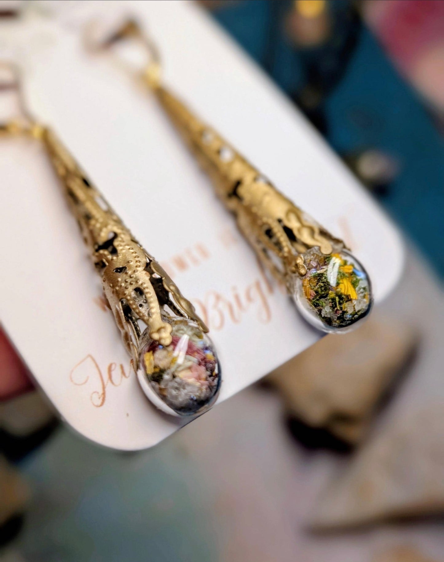 Mushroom Unique Handcrafted Floral Earrings with Wildflowers and Quartz