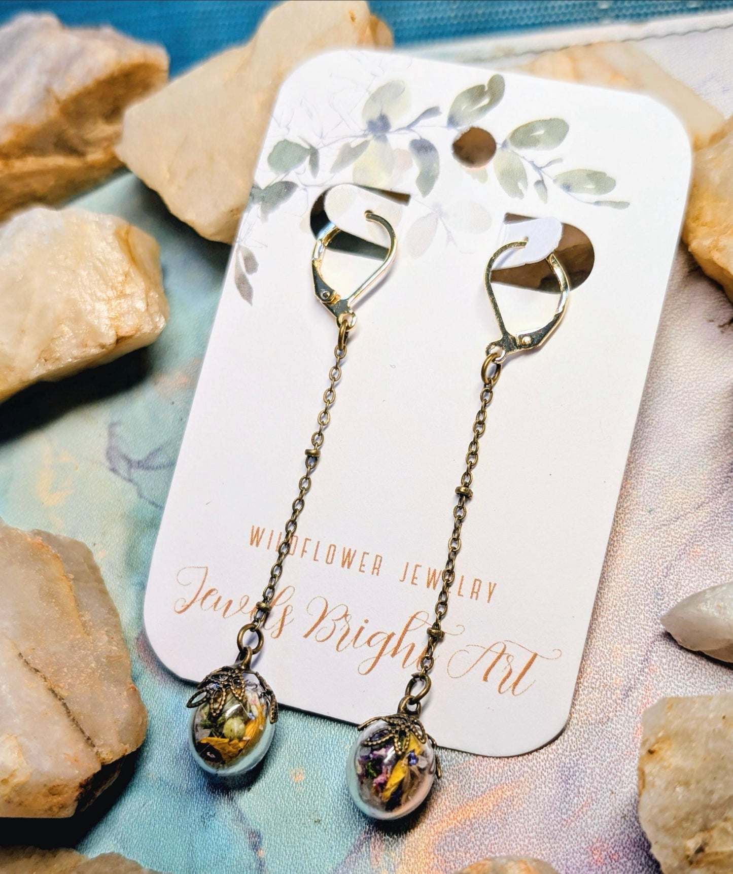 Mushroom Unique Handcrafted Floral Earrings with Wildflowers and Quartz
