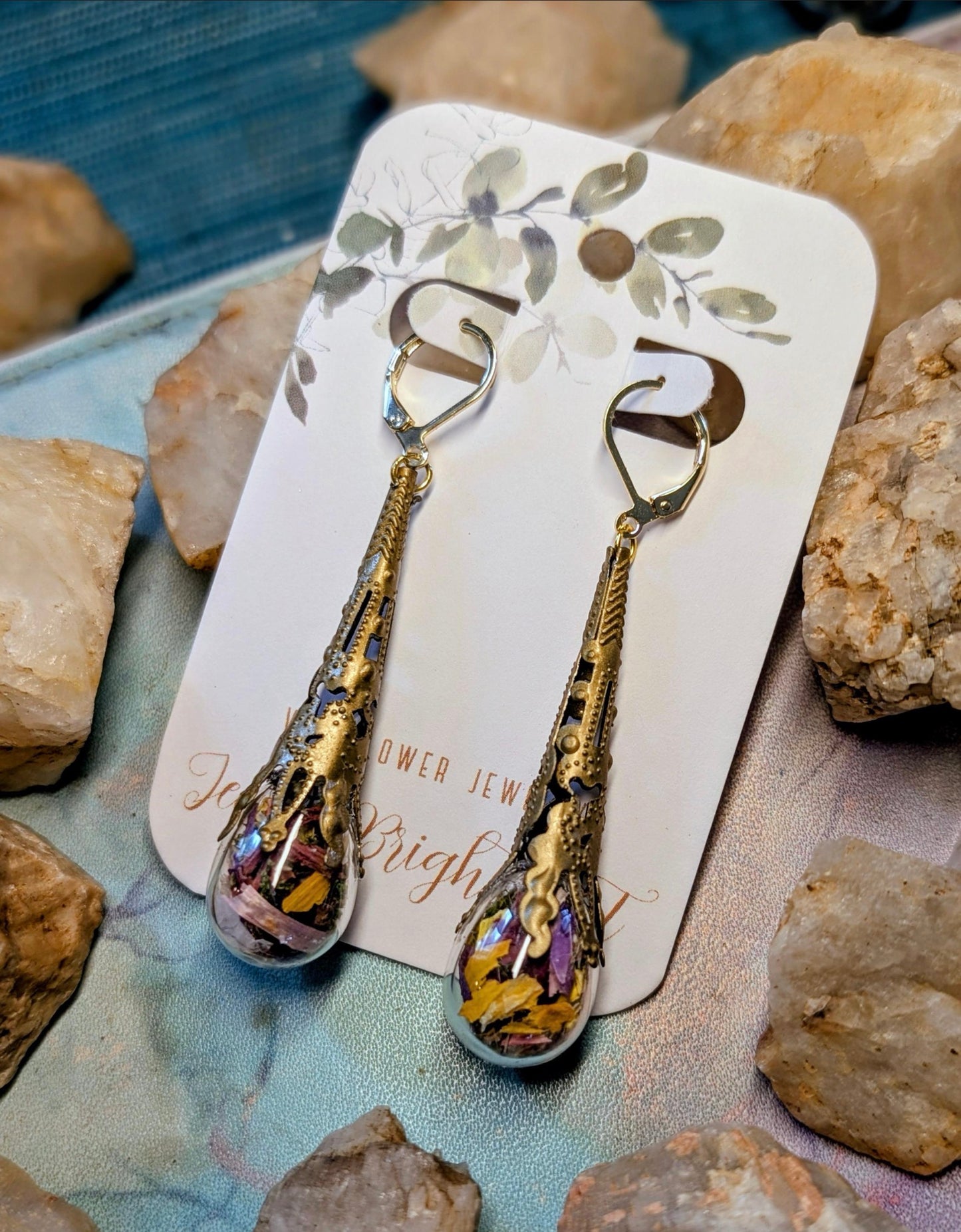 Mushroom Unique Handcrafted Floral Earrings with Wildflowers and Quartz