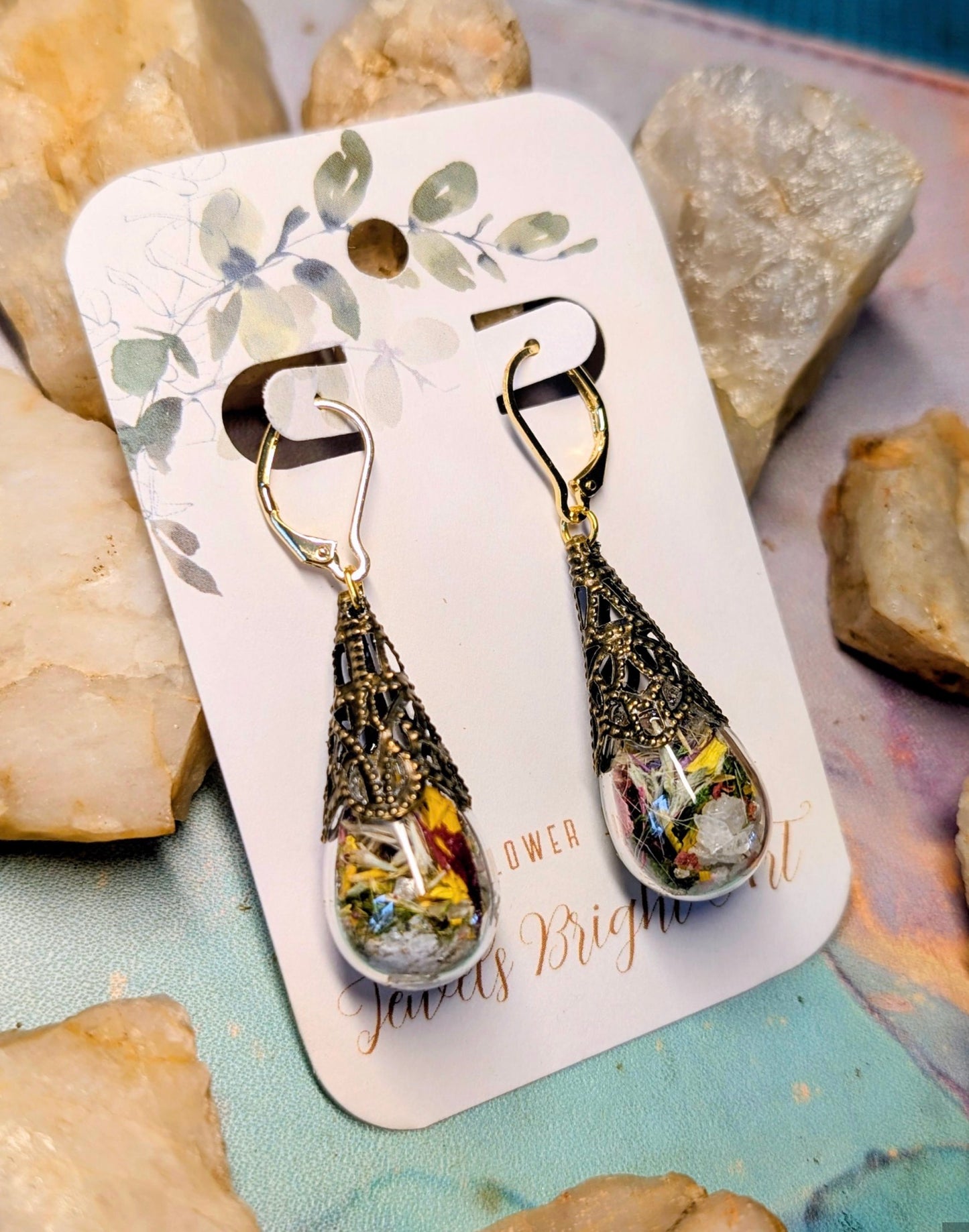 Mushroom Unique Handcrafted Floral Earrings with Wildflowers and Quartz