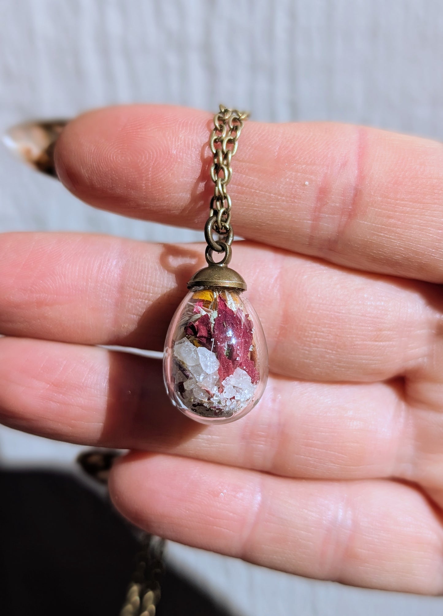 Wholesale Handcrafted Floral Necklace with Local Wildflowers and Quartz, 5 minimum