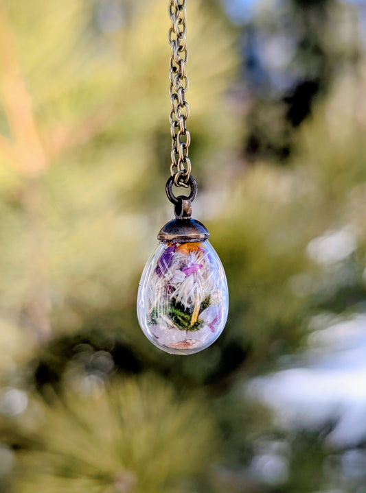 Wholesale Handcrafted Floral Necklace with Local Wildflowers and Quartz, 5 minimum