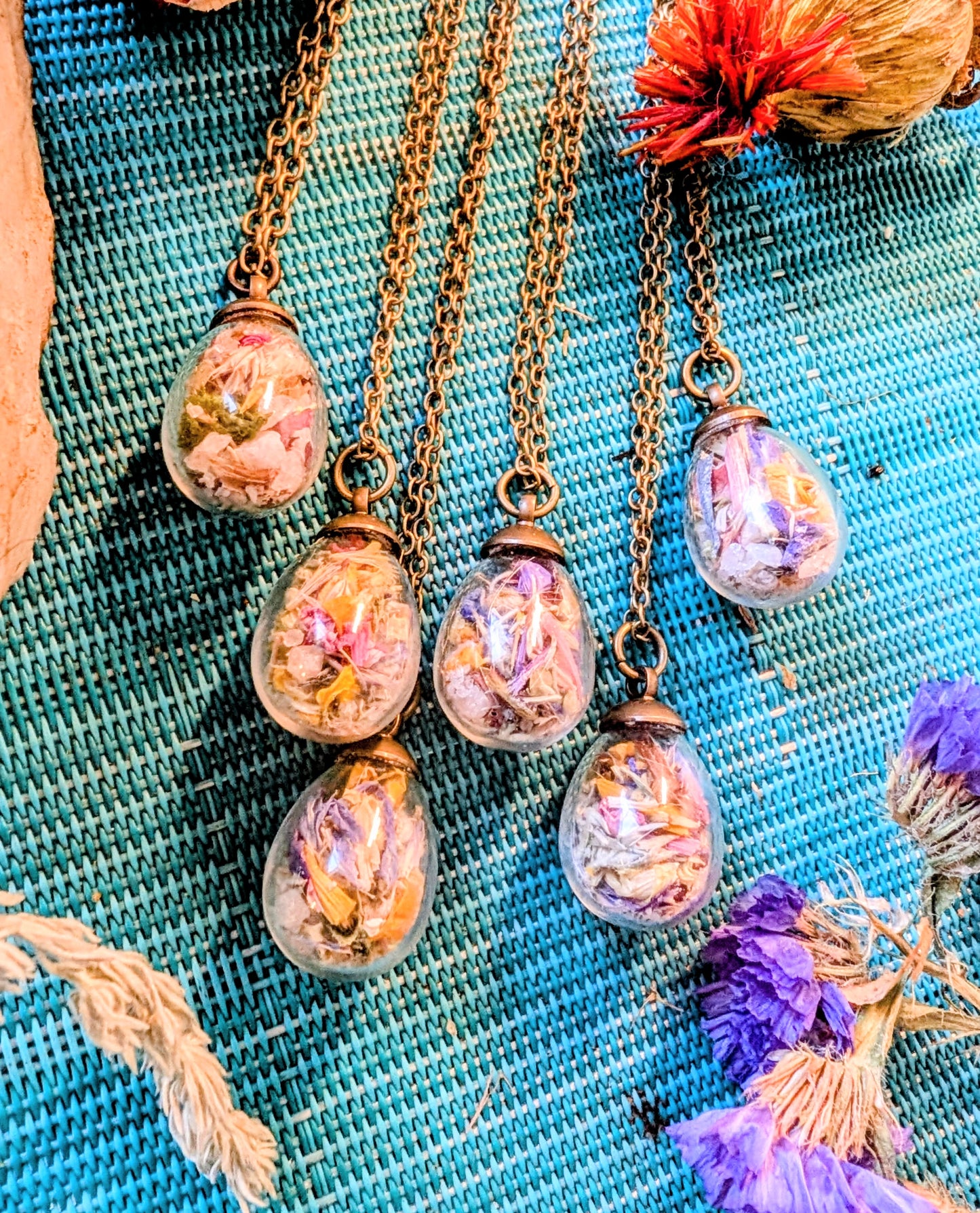 Wholesale Handcrafted Floral Necklace with Local Wildflowers and Quartz, 5 minimum