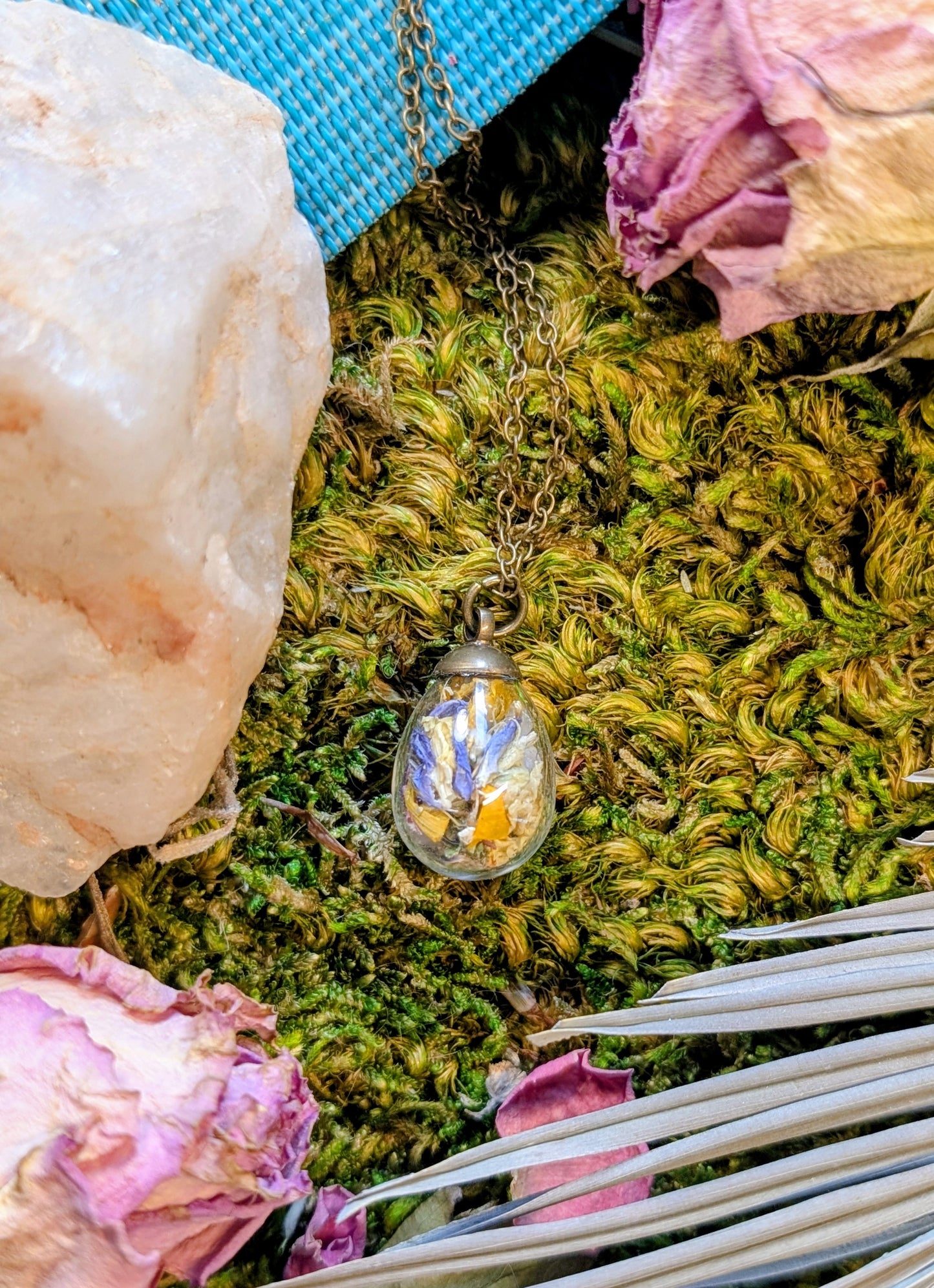 Wholesale Handcrafted Floral Necklace with Local Wildflowers and Quartz, 5 minimum