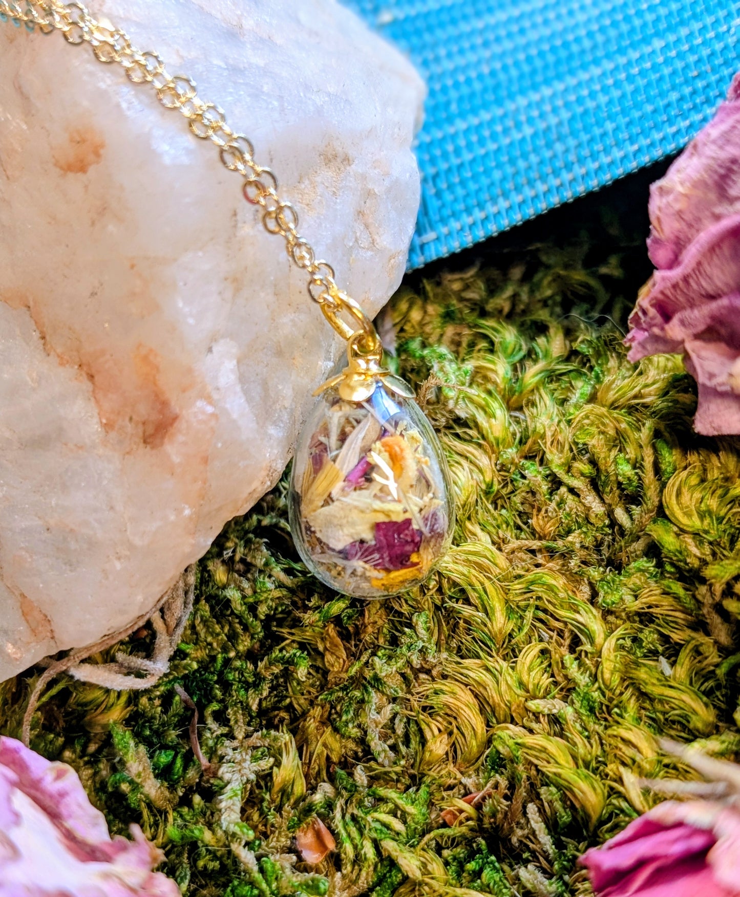 Wholesale Handcrafted Floral Necklace with Local Wildflowers and Quartz, 5 minimum