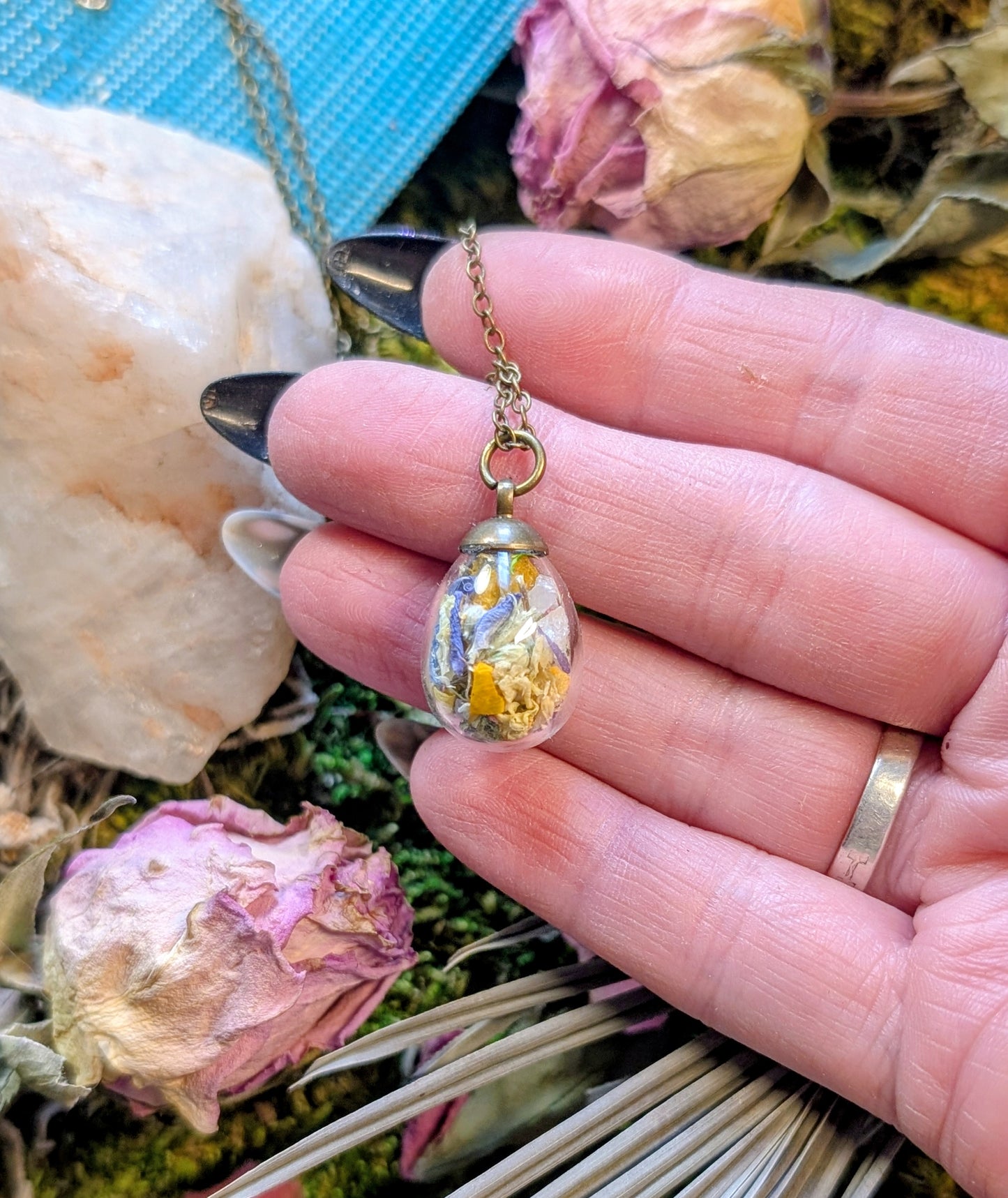 Wholesale Handcrafted Floral Necklace with Local Wildflowers and Quartz, 5 minimum