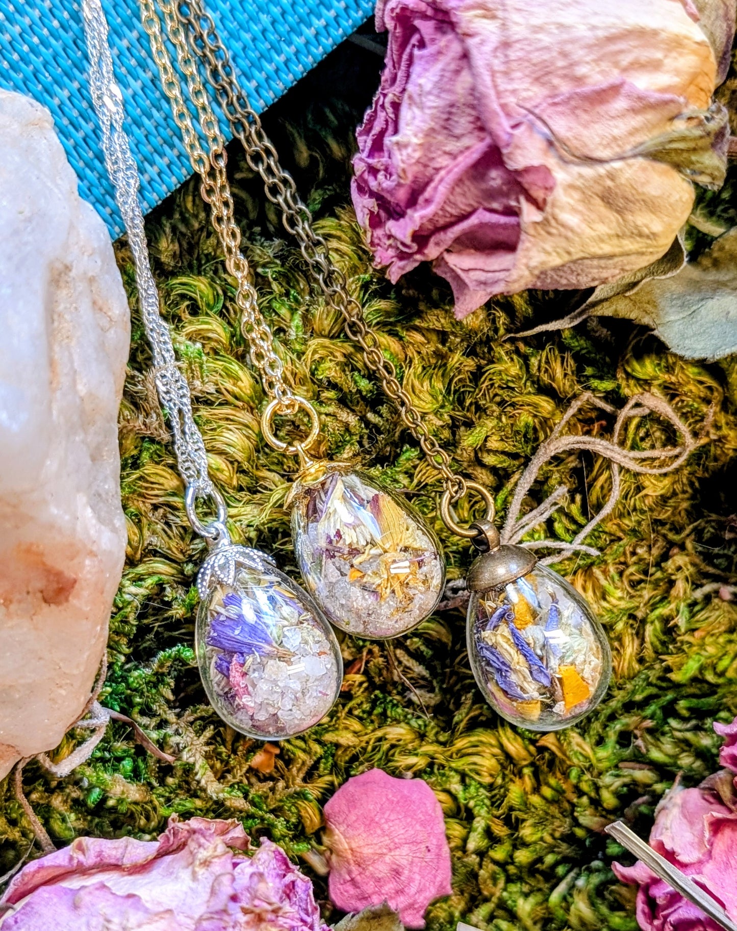 Wholesale Handcrafted Floral Necklace with Local Wildflowers and Quartz, 5 minimum