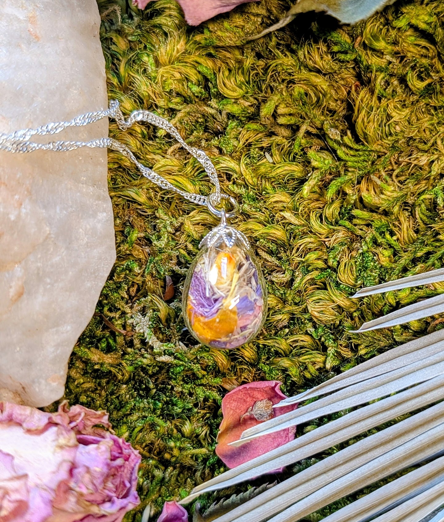 Wholesale Handcrafted Floral Necklace with Local Wildflowers and Quartz, 5 minimum