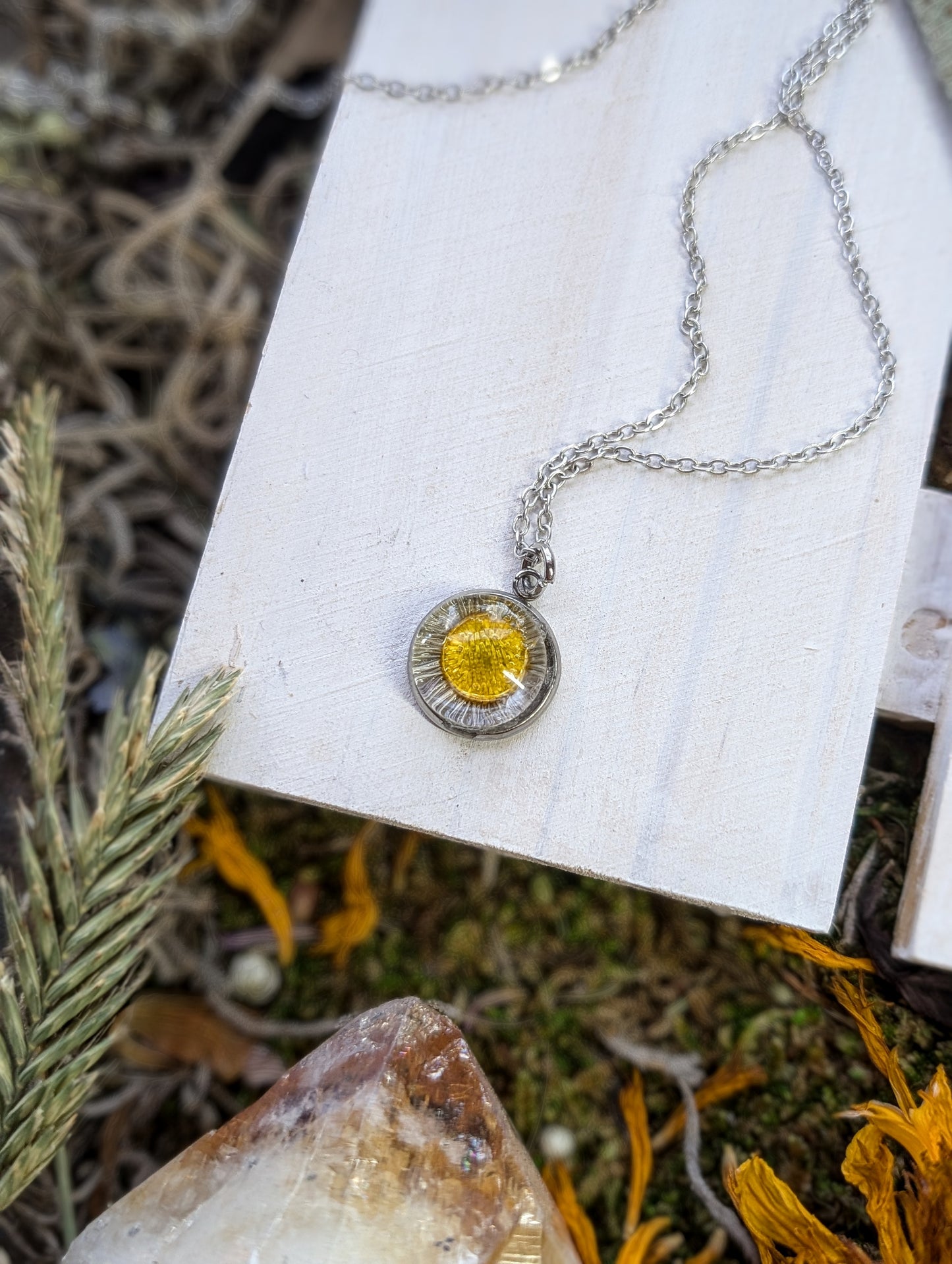 Alpine Daisy Sterling Silver Nature-Inspired Whimsical Necklace with Dried Floral Accents