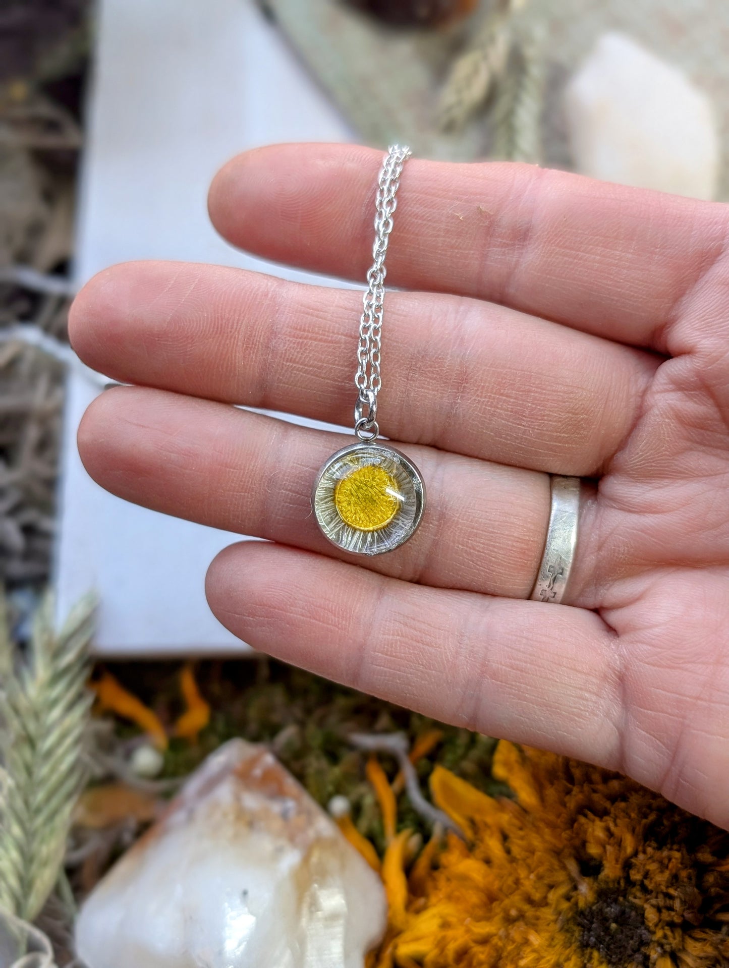 Alpine Daisy Sterling Silver Nature-Inspired Whimsical Necklace with Dried Floral Accents