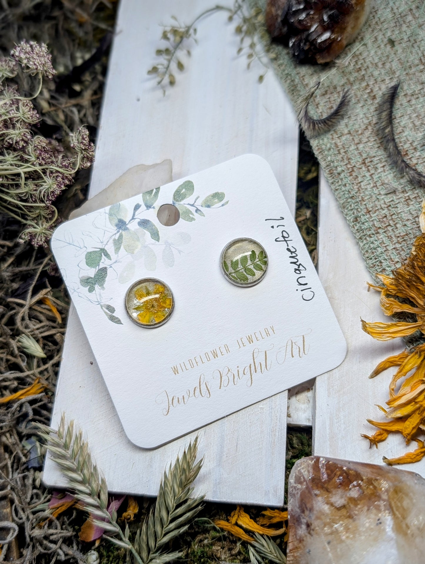 Cinquefoil Medium Size Nature-Inspired Whimsical Earrings with Dried Floral Accents