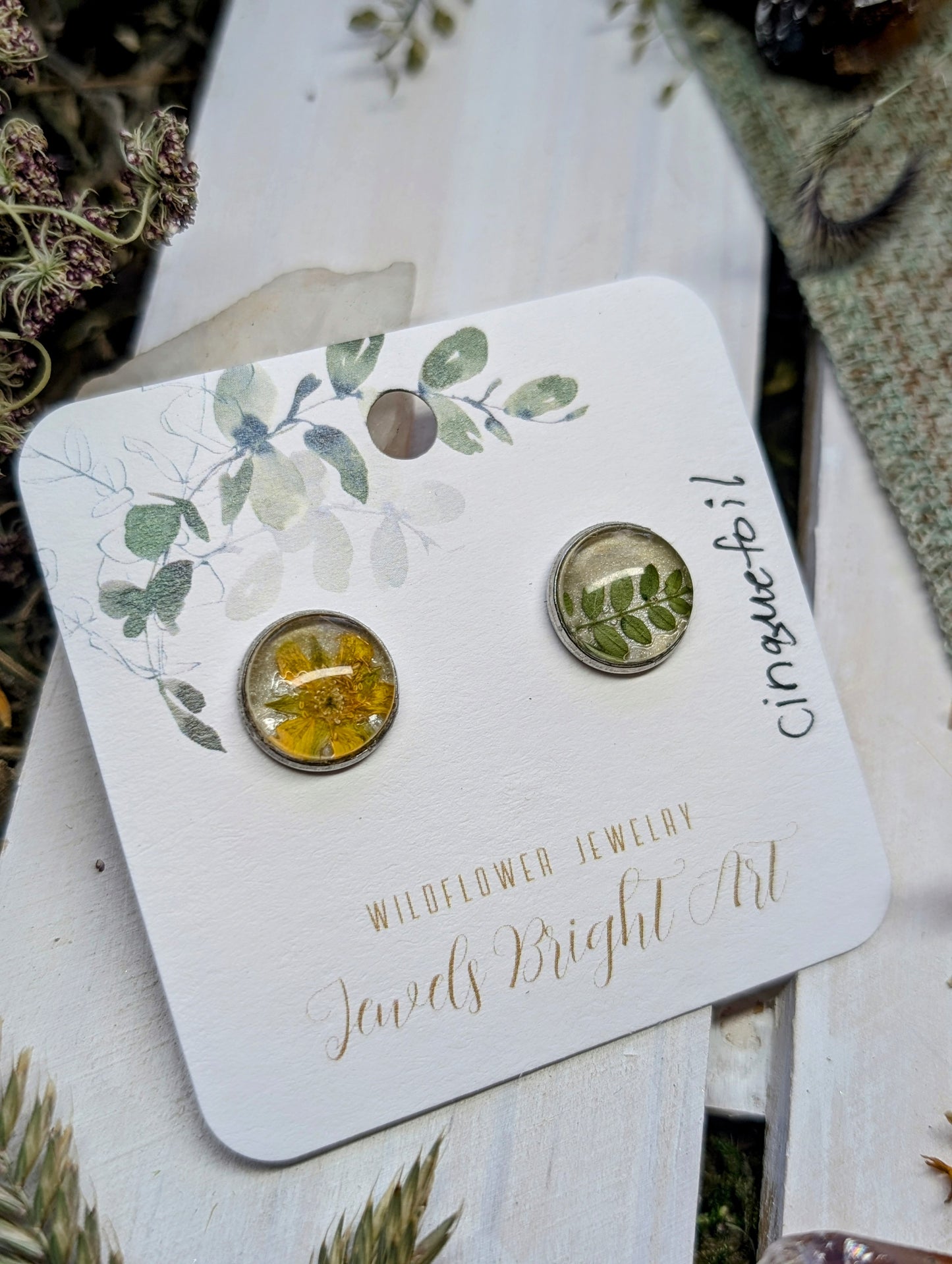 Cinquefoil Medium Size Nature-Inspired Whimsical Earrings with Dried Floral Accents