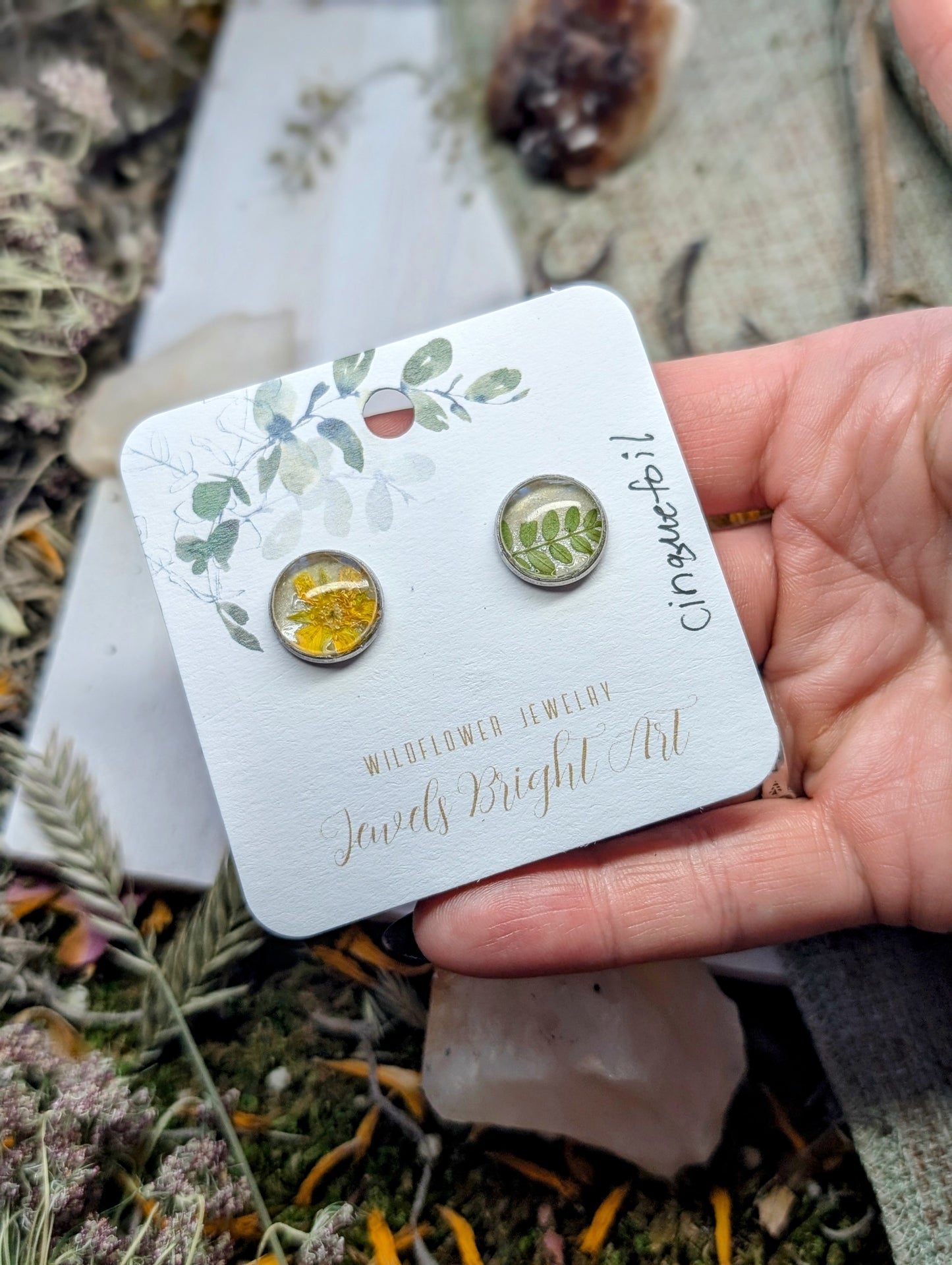 Cinquefoil Medium Size Nature-Inspired Whimsical Earrings with Dried Floral Accents