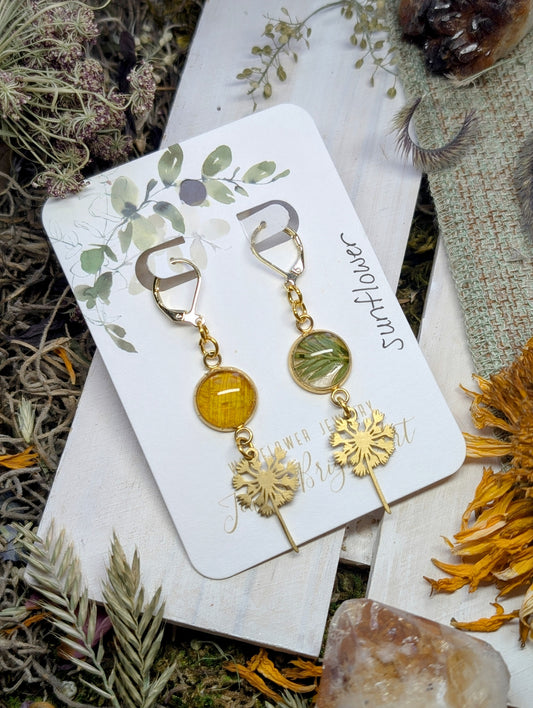 Wild Sunflower Magical Pressed Flower Wildflower Earrings with 14k Gold