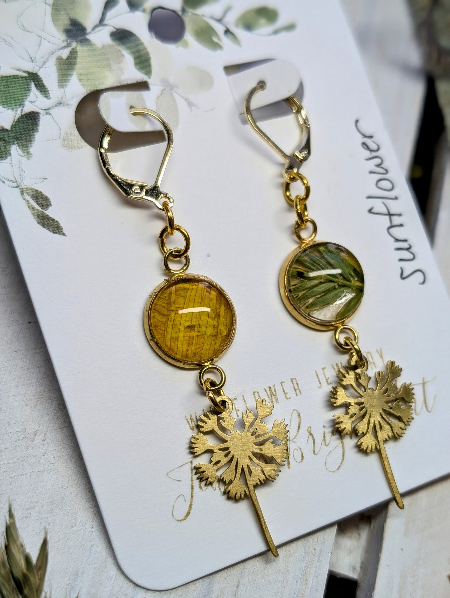 Wild Sunflower Magical Pressed Flower Wildflower Earrings with 14k Gold