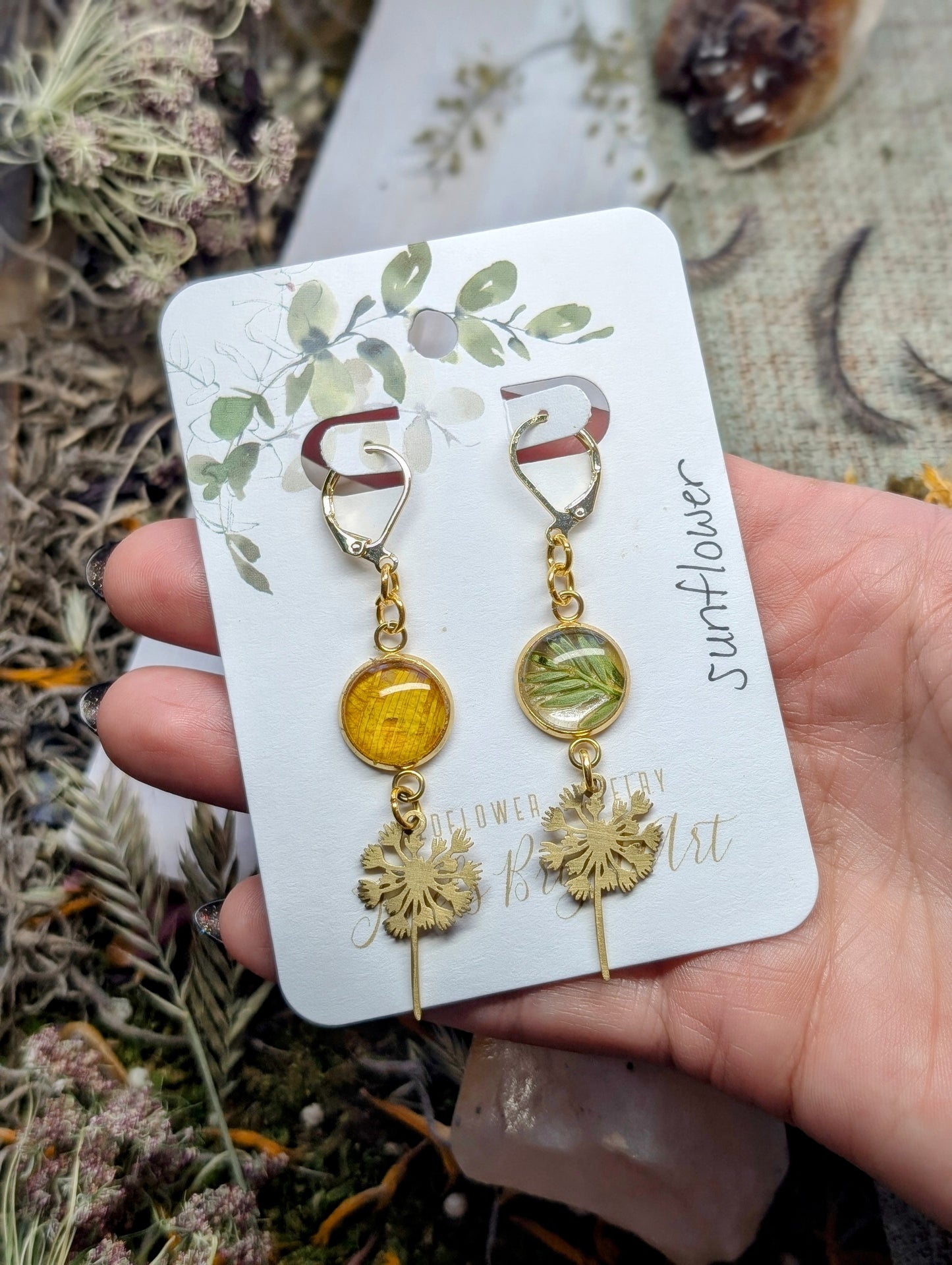 Wild Sunflower Magical Pressed Flower Wildflower Earrings with 14k Gold