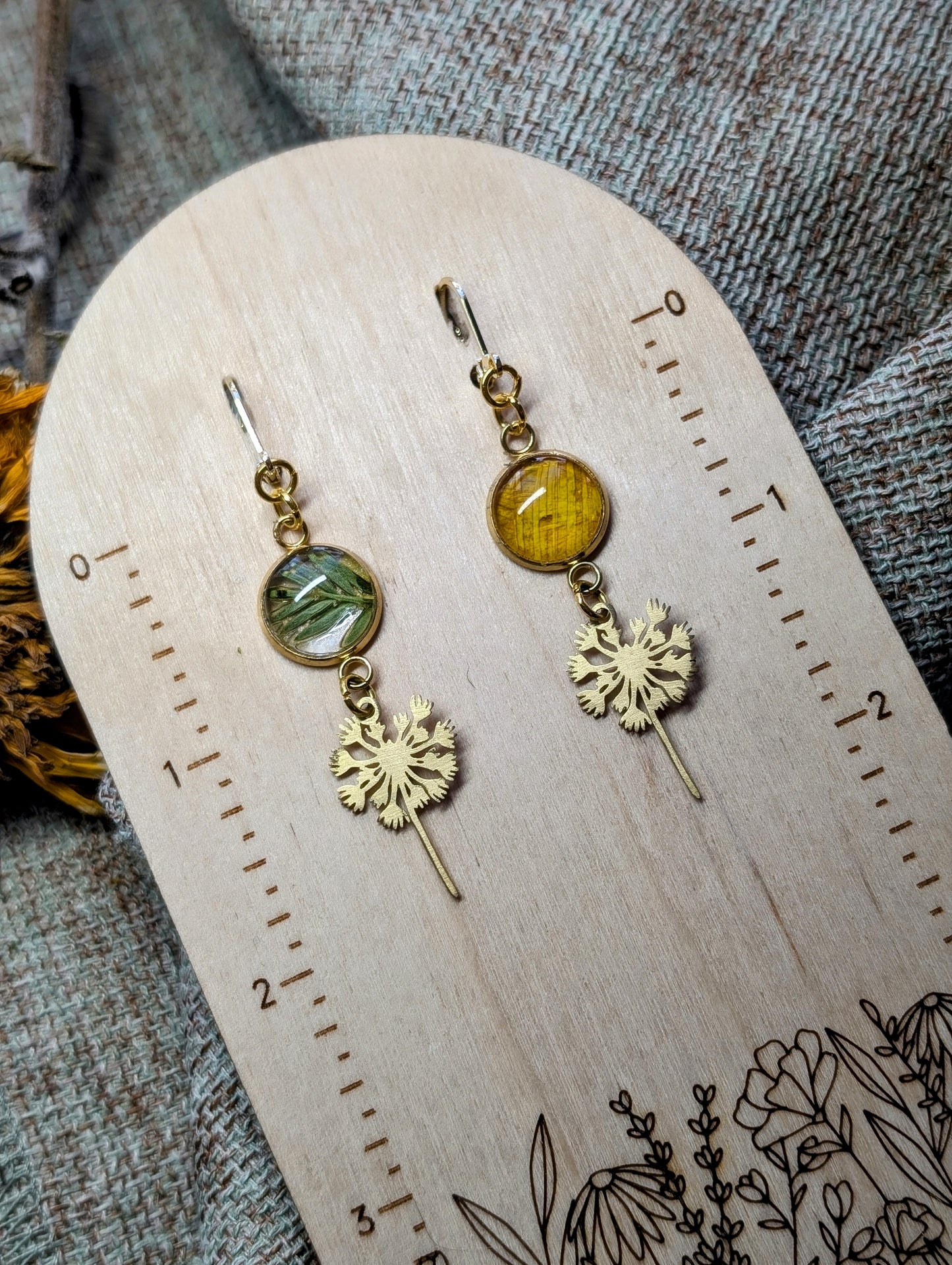 Wild Sunflower Magical Pressed Flower Wildflower Earrings with 14k Gold