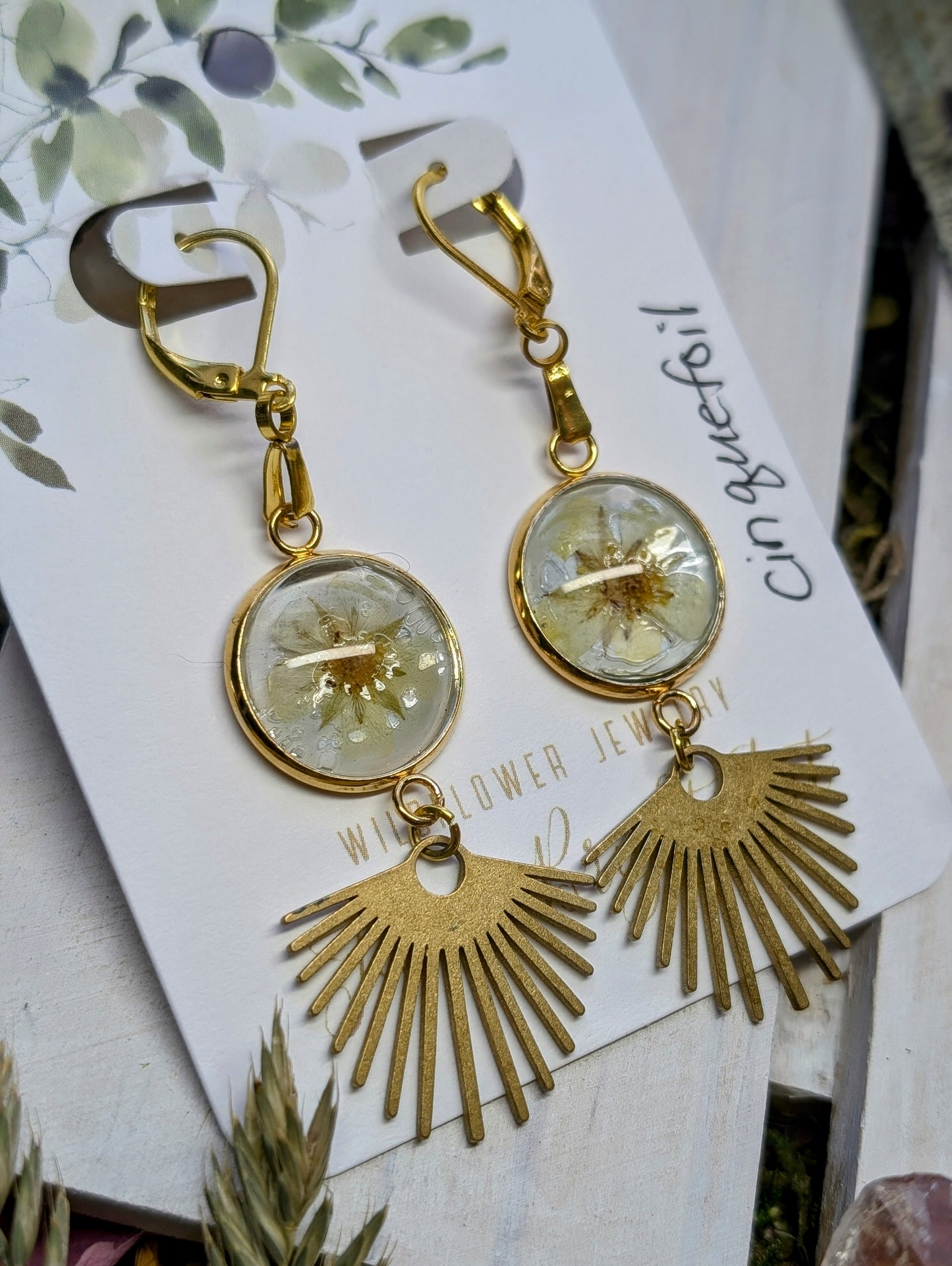 Cinquefoil Magical Pressed Flower Wildflower Earrings with 14k Gold