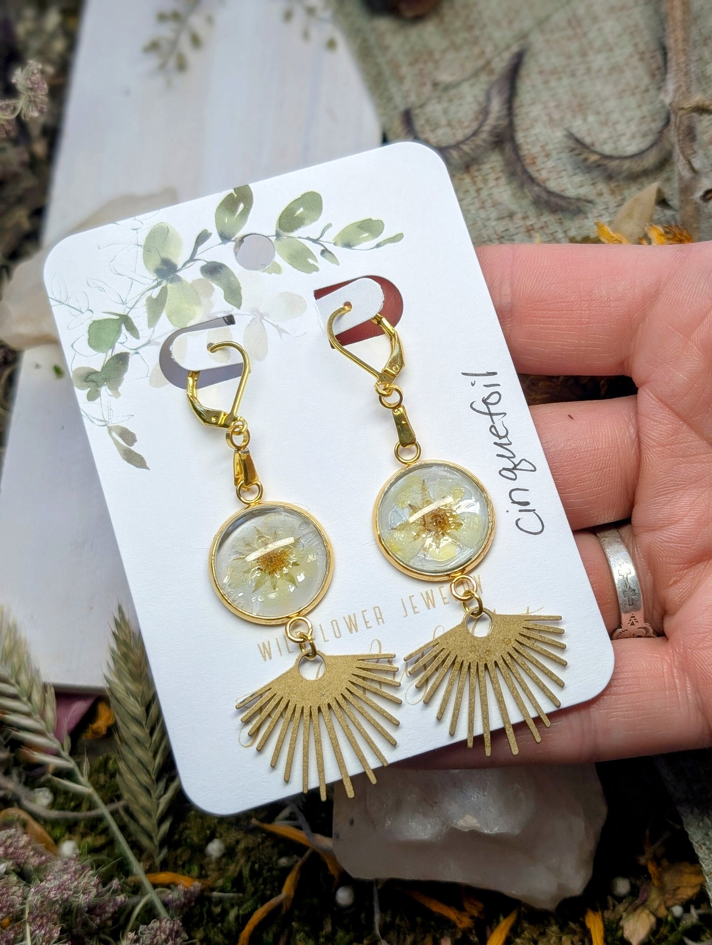 Cinquefoil Magical Pressed Flower Wildflower Earrings with 14k Gold