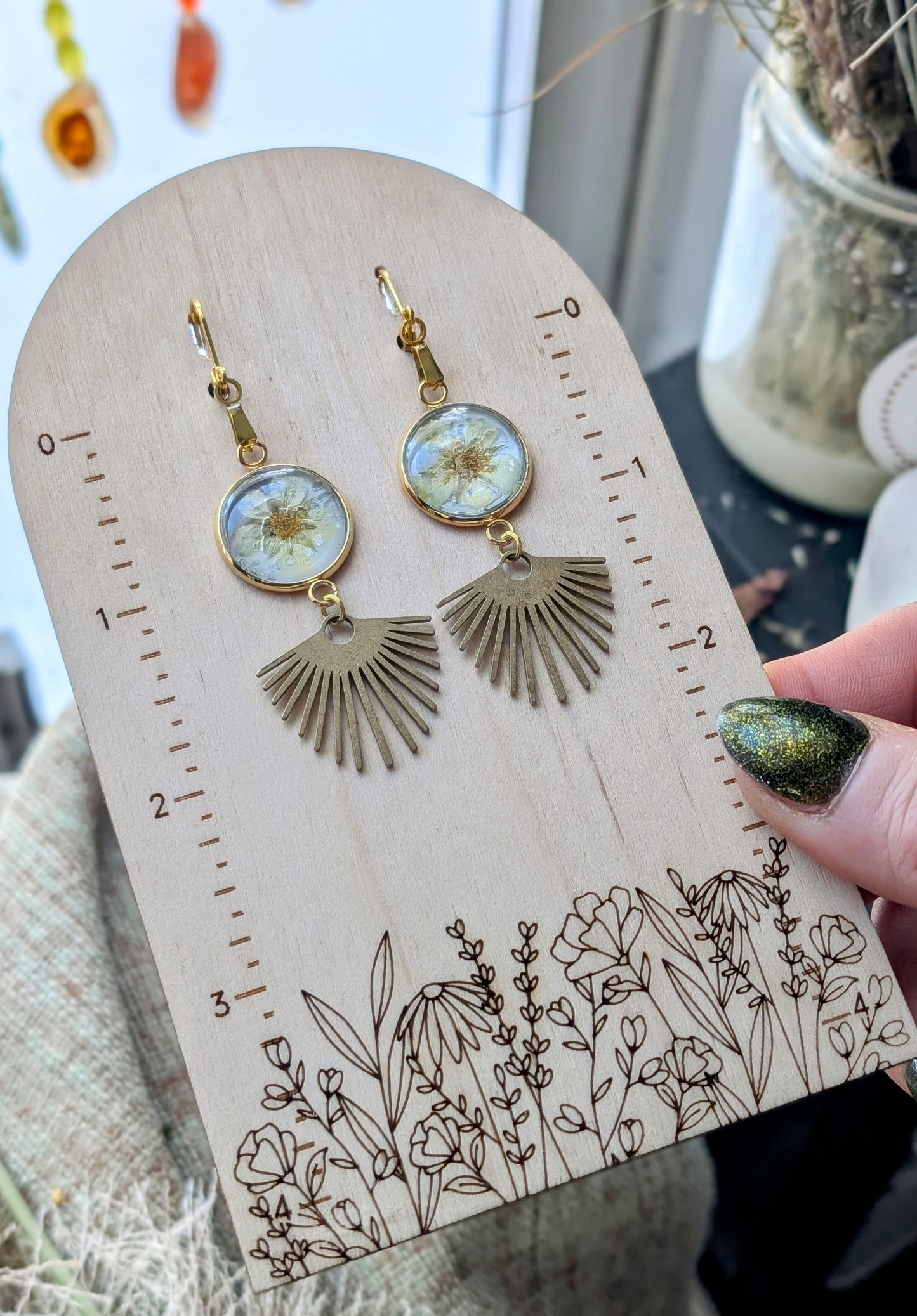 Cinquefoil Magical Pressed Flower Wildflower Earrings with 14k Gold