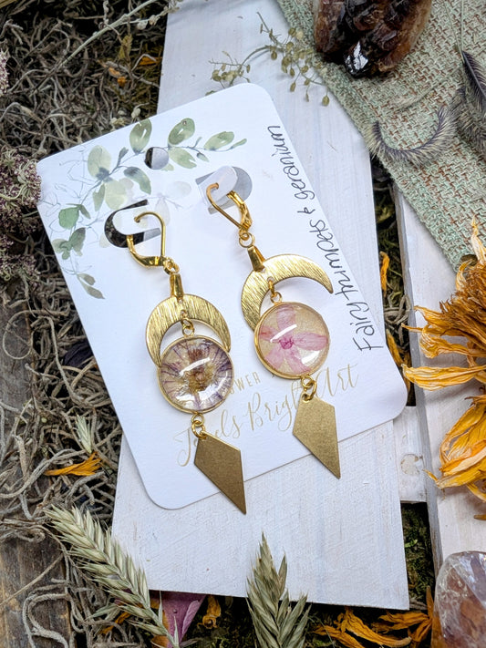 Wild Geranium and Fairy Trumpets Magical Pressed Flower Wildflower Earrings with 14k Gold