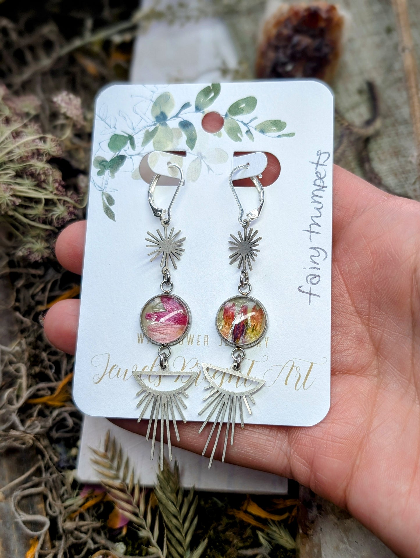 Fairy Trumpet Magical Pressed Flower Wildflower Earrings with Sterling Silver