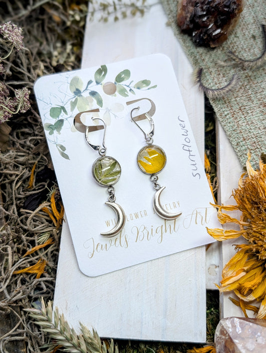 Wild Sunflower and Sage Magical Pressed Flower Wildflower Earrings with Sterling Silver