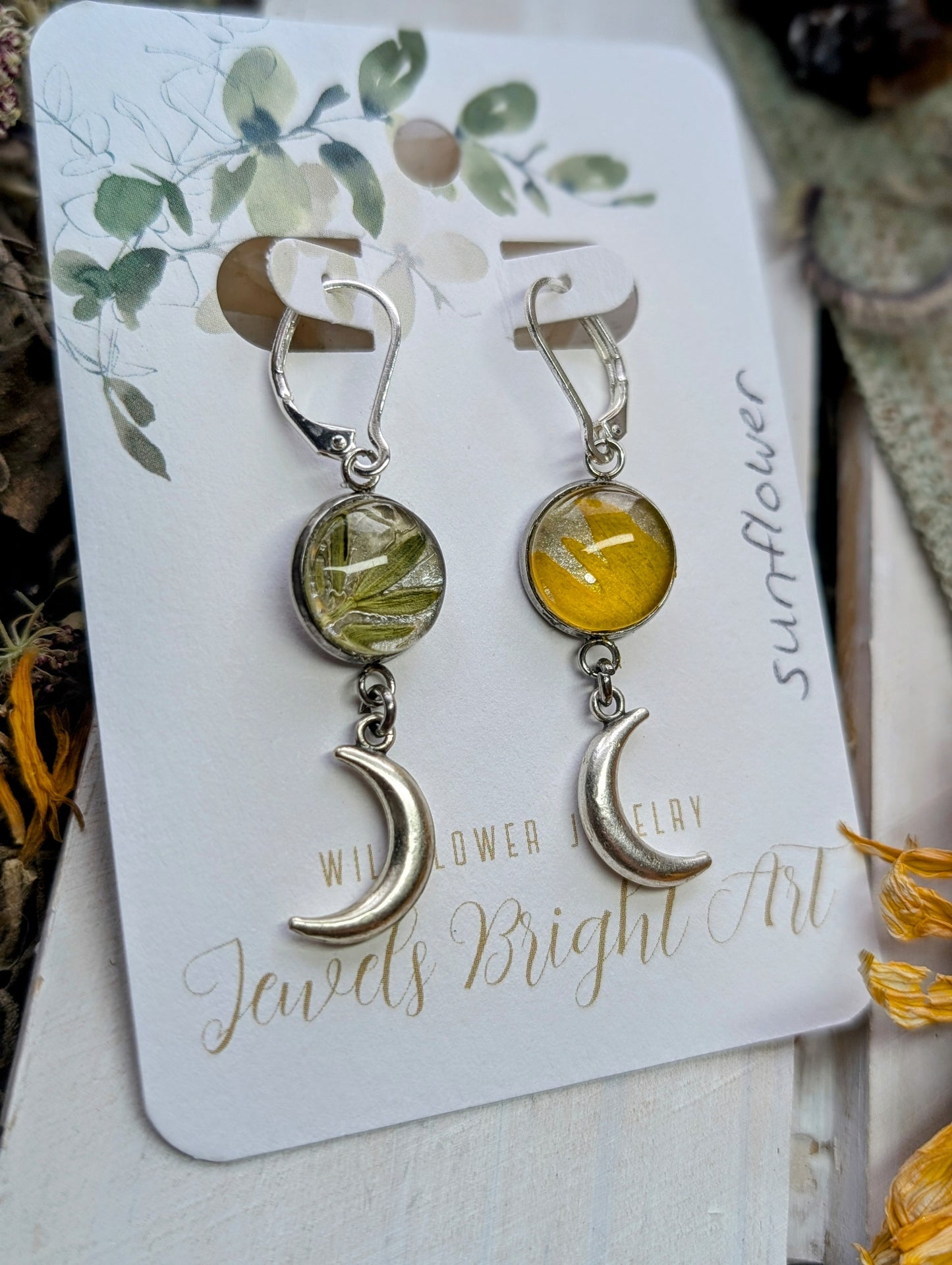 Wild Sunflower and Sage Magical Pressed Flower Wildflower Earrings with Sterling Silver