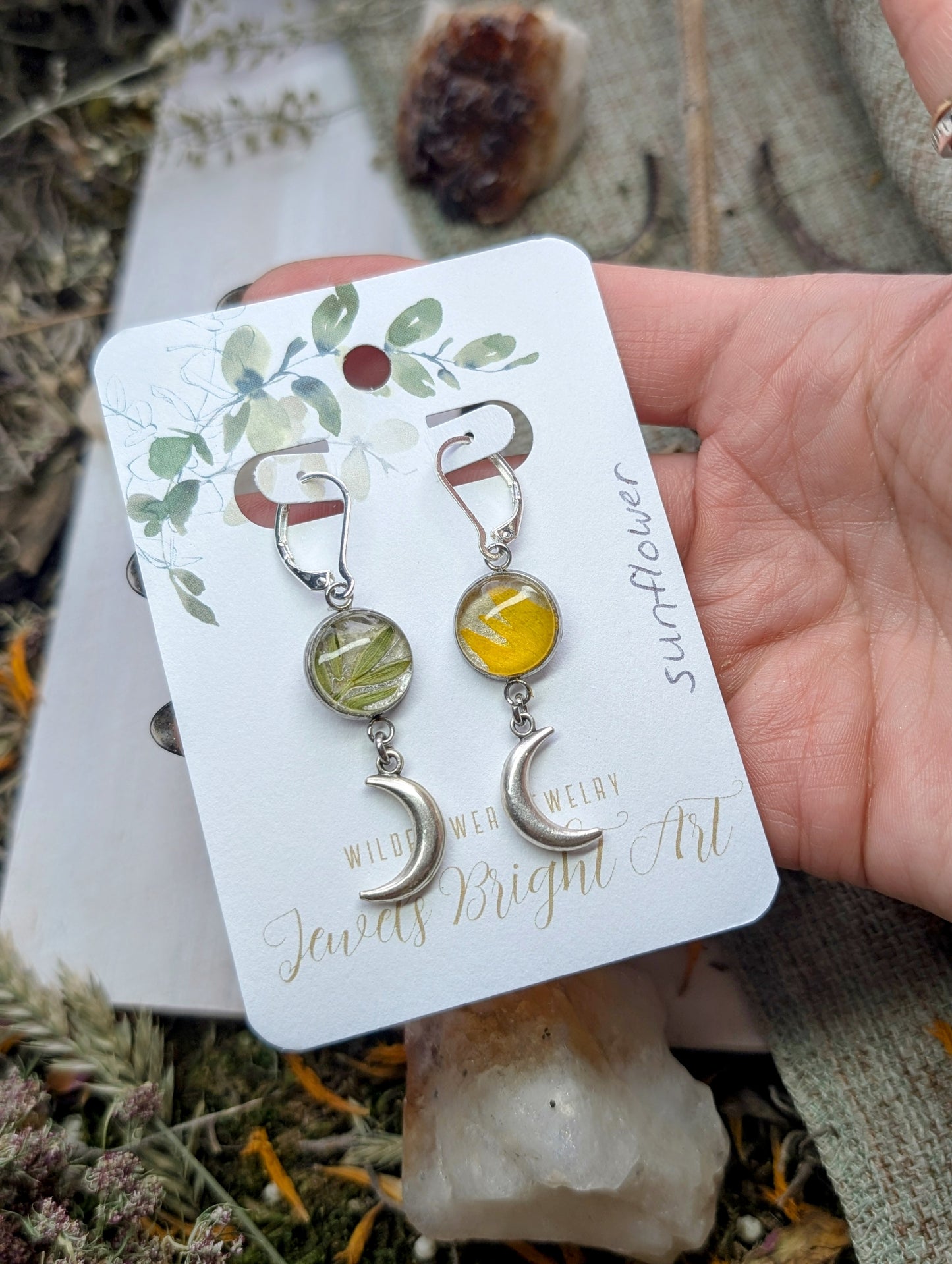 Wild Sunflower and Sage Magical Pressed Flower Wildflower Earrings with Sterling Silver