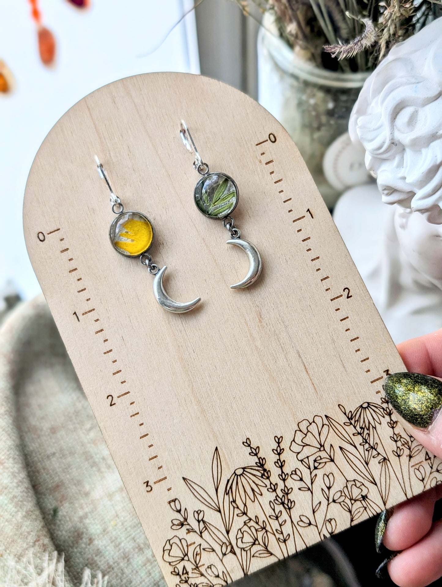 Wild Sunflower and Sage Magical Pressed Flower Wildflower Earrings with Sterling Silver