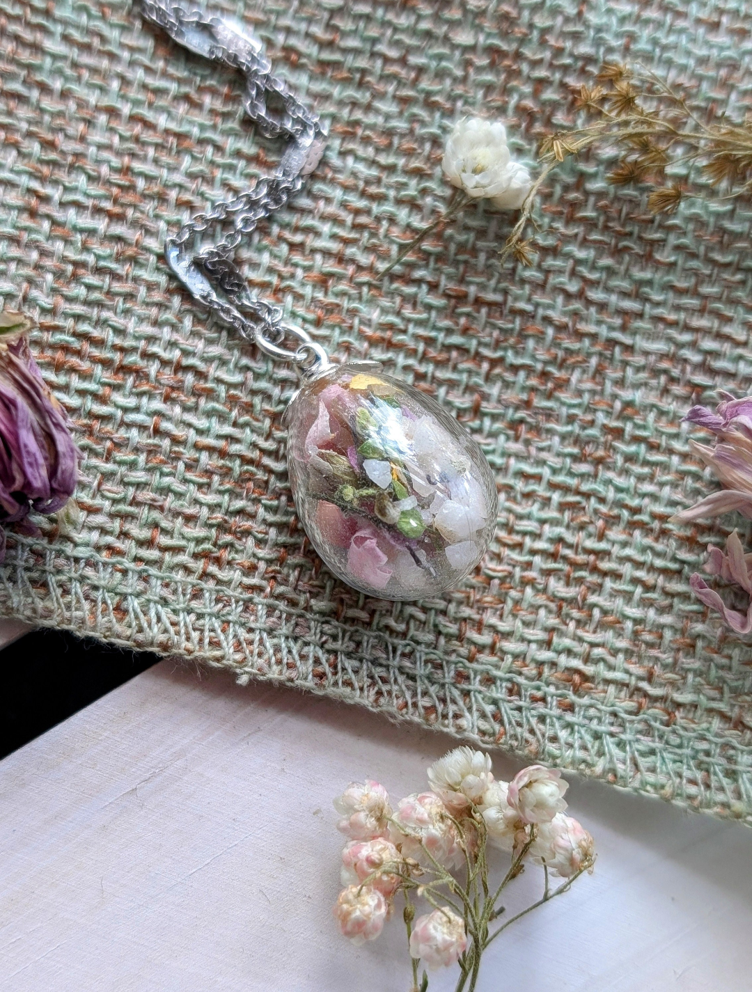 Unique Handcrafted Floral Necklace with Pink Wildflowers and Quartz