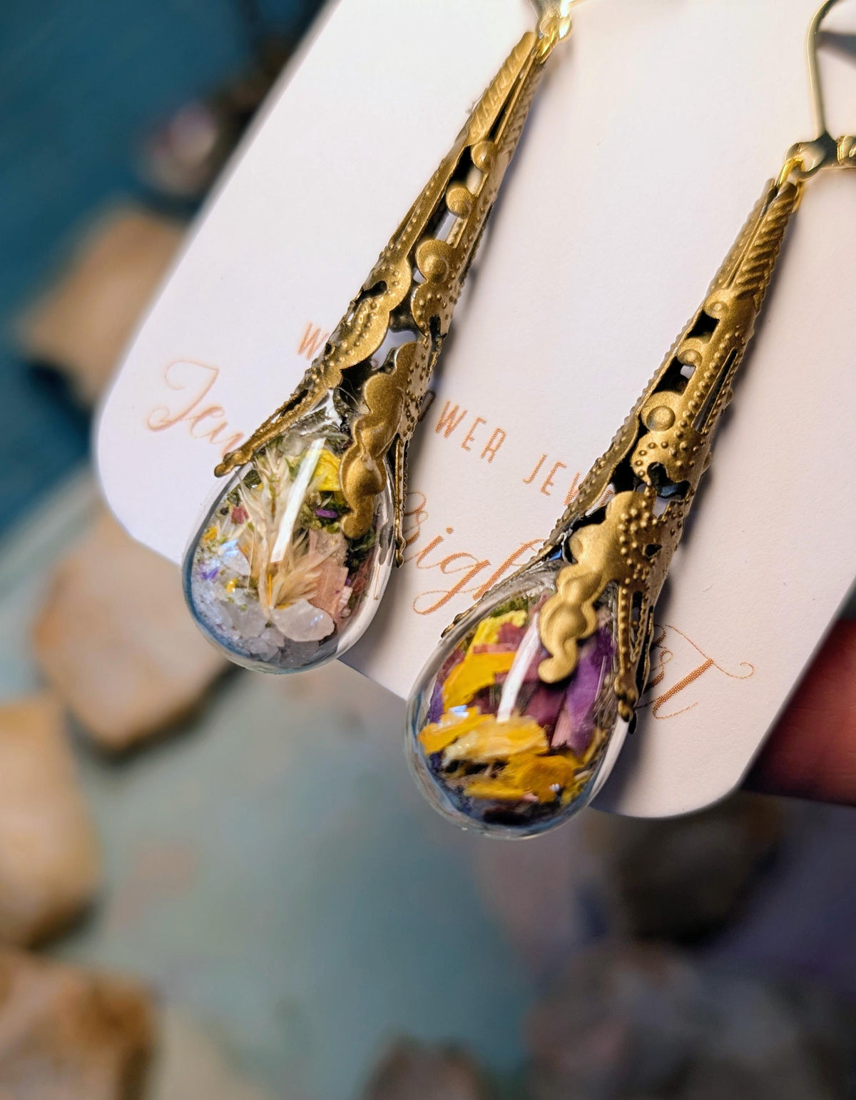 Antique Bronze Handcrafted Floral Earrings with Wildflowers and Quartz, Vintage Earrings, Gold Filled Jewelry