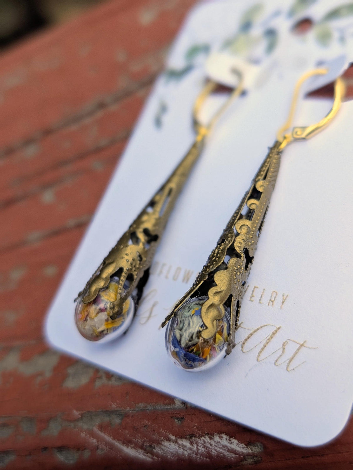 Antique Bronze Handcrafted Floral Earrings with Wildflowers and Quartz, Vintage Earrings, Gold Filled Jewelry
