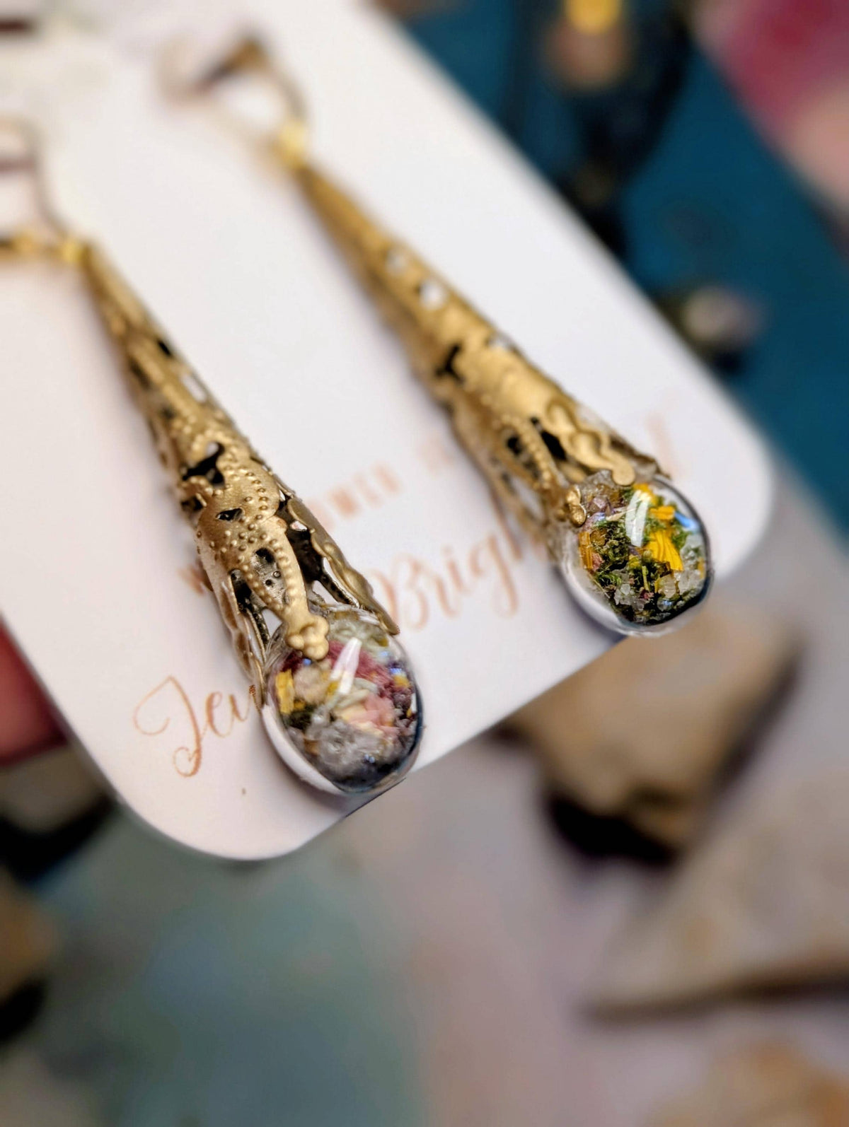 Antique Bronze Handcrafted Floral Earrings with Wildflowers and Quartz, Vintage Earrings, Gold Filled Jewelry
