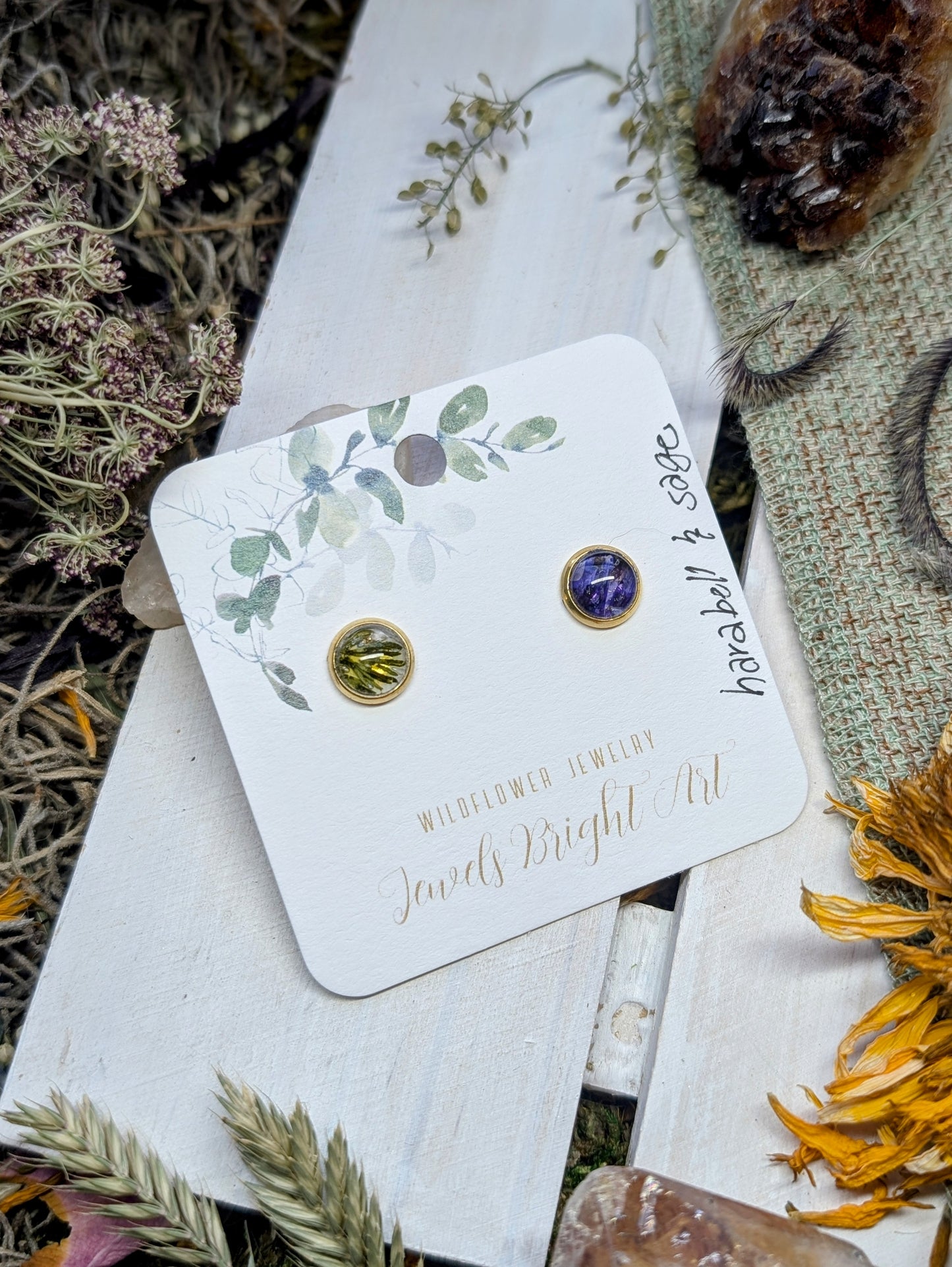 Harabel and Wild Sage Tiny Nature-Inspired Whimsical Earrings with Dried Floral Accents