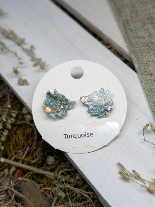 Turquoise Wolves Crystal Stud Earrings, Real Crystal Studs