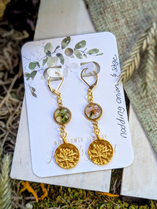 Nodding Onion and Wild Sage Magical Pressed Flower Wildflower Earrings with 14k Gold