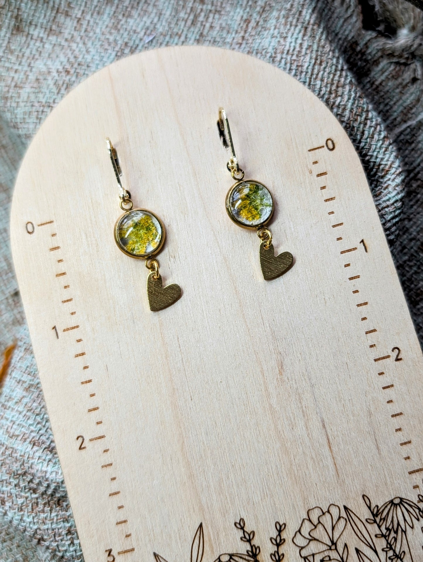 Yellow Parsley Magical Pressed Flower Wildflower Earrings with 14k Gold