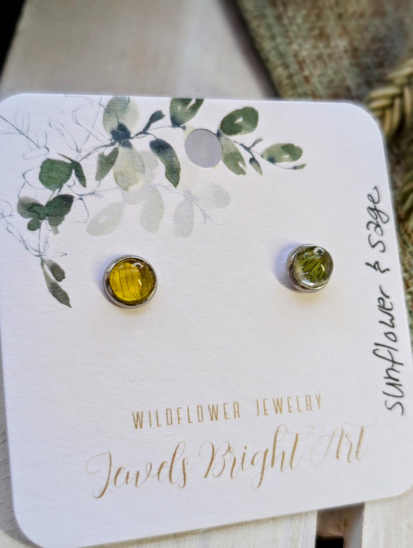 Sunflower and Sage Tiny Nature-Inspired Whimsical Earrings with Dried Floral Accents