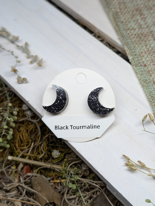 Black Tourmaline Crystal Stud Earrings, Real Crystal Studs